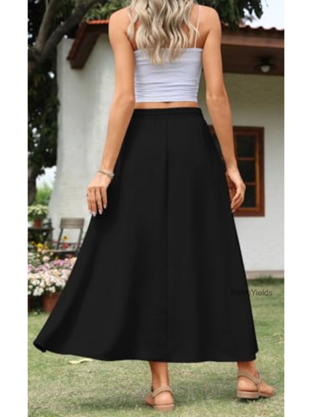 Flowy Maxi Skirt with Pockets Elastic Waist Pleated Boho Beach Long Skirt - Picture 2 of 6